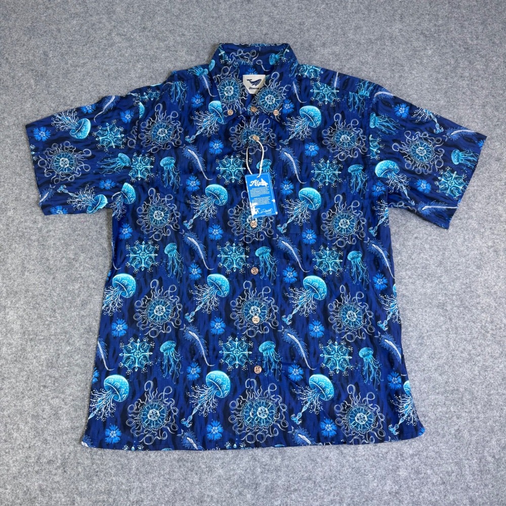 Yiume Mens Blue Jellyfish Print Short Sleeve Cotton Button Down Shirt NEW Mens S